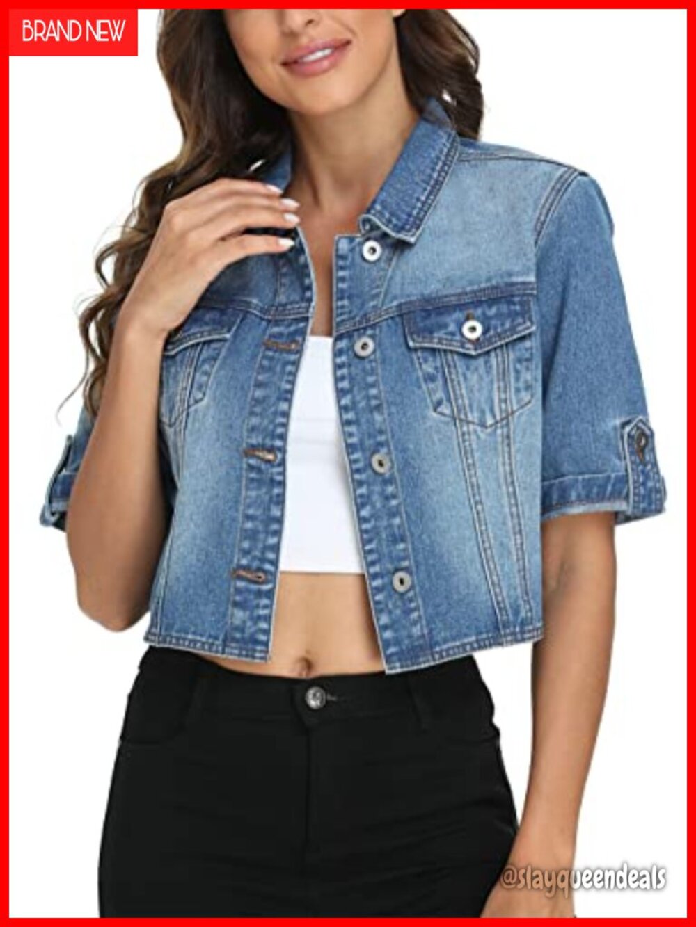 Cropped Denim Jacket Short Sleeve Button Up Cotton Stretch Summer
